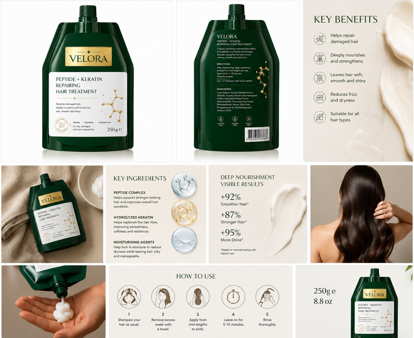 VELORA Peptide + Keratin Hair Treatment | Intensive Repair Mask (250g)